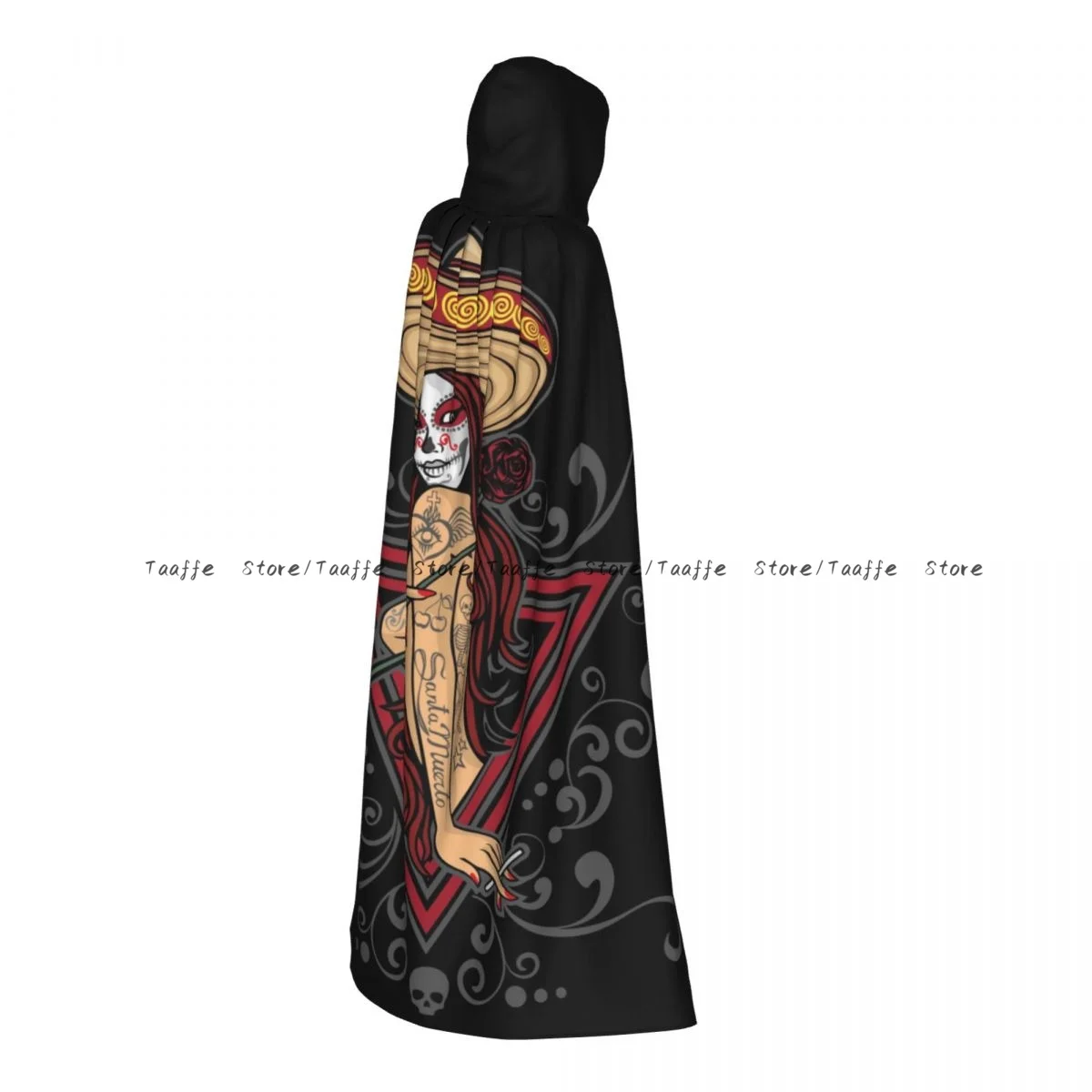

Witch Long Hooded Robe Mexican Sugar Skull With Rose Halloween Cloak Cosplay Costumes for Adult