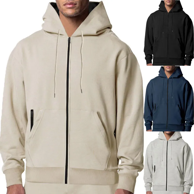 Autumn And Winter Men's Cardigan Zipper Hoodie Plus Cashmere Warm Men's Clothing Solid Color Outdoor Recreational Sports Hoodie