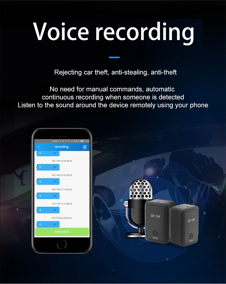 2024 GF09 GSM GPS Tracker Real Time Tracking Anti-Theft Locator Voice Recording Vehicle Tracker APP Anti-lost for Child Cat Dog