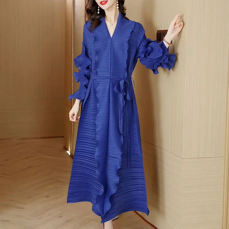 New Women's Wear Three House Ruffled Long Sleeve Ruffles High Elastic Boutique Dress for Women in Spring and Autumn