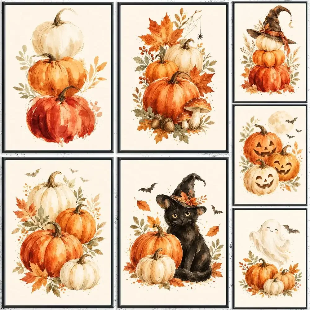 Watercolor Pumpkin Fall Halloween Painting Calligraphy HD Canvas Poster Crease Free Waterproof All Space Wall Decor