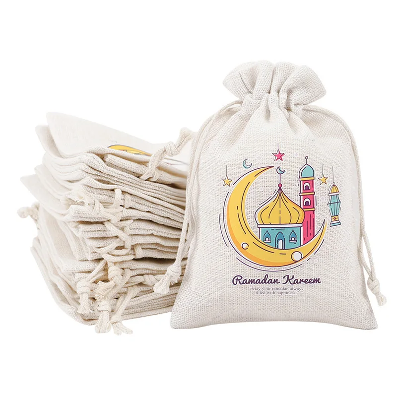 5/10Pcs Ramadan Linen Gift Bag with Drawstring Eid Mubarak Candy Snack Packaging Pouch 2026 Islamic Muslim Party Decor Supplies
