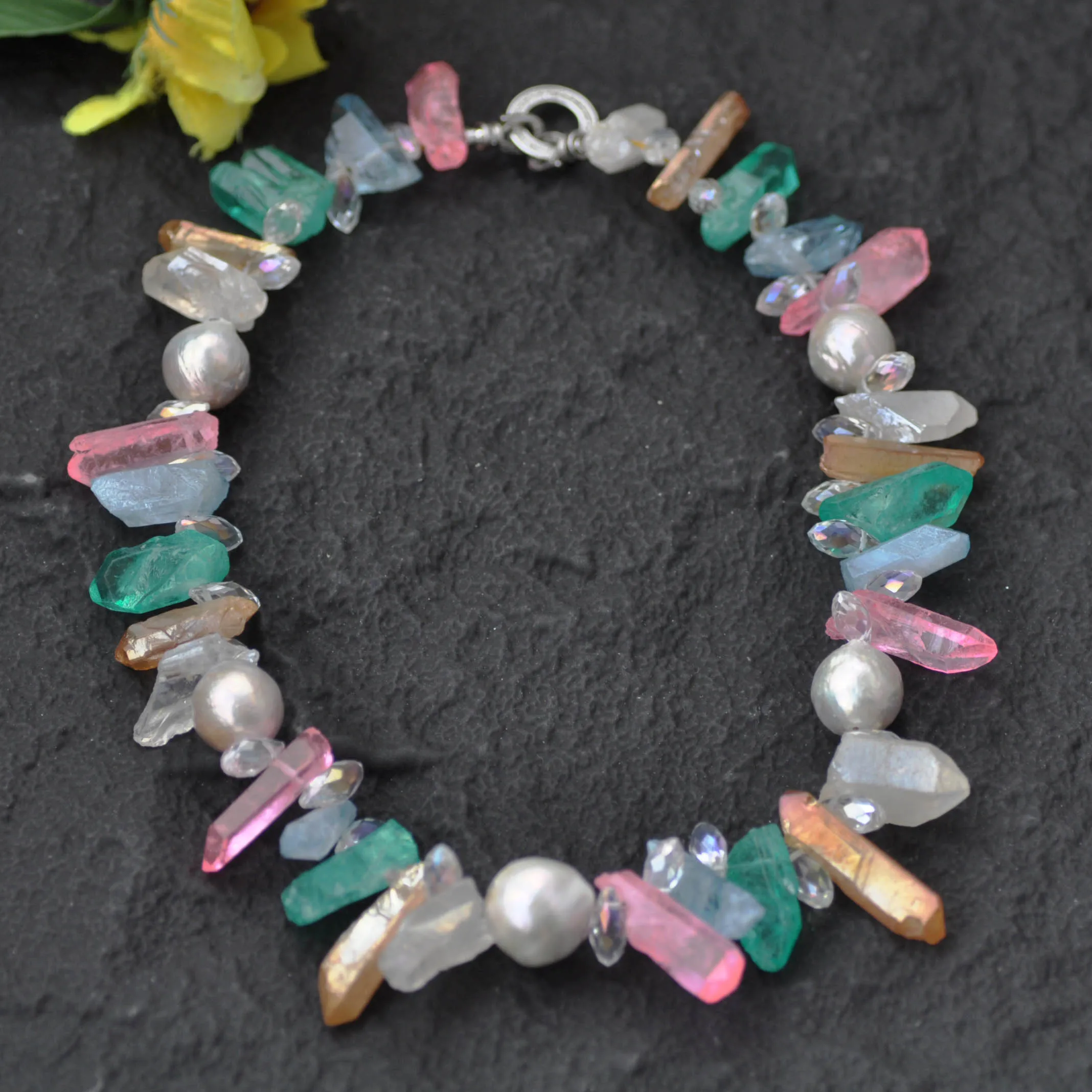 Z13866 Natural 19'' 35mm White Almost Round Edison Keshi Pearl Multicolor Clean Crystal Pillar Necklace