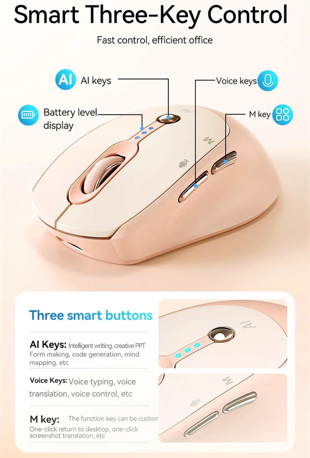 AI Voice Smart Mouse Bluetooth 2.4G Dual Mode Wireless Mouse Voice Typing Translation Search Smart Three-Key Control M7 PPT Gene
