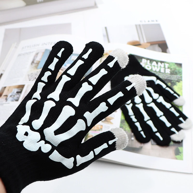 Nuevos guantes Punk Unisex Halloween esqueleto calavera guantes de dedo completo que brillan en la oscuridad guantes de invierno de punto elásticos sin dedos