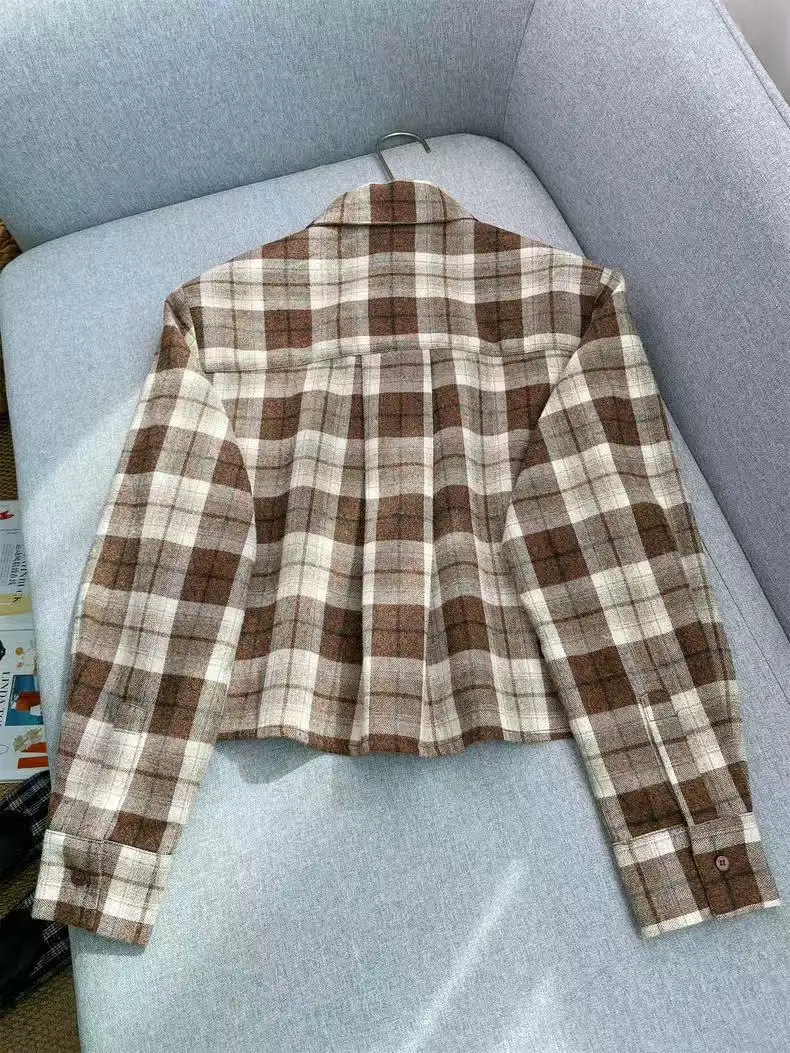 Wysokiej jakości nowy zestaw w kratę na co dzień dla kobiet na rok 2025, modna koszula z długim rękawem i kołnierzykiem polo lub uniwersalna spódnica z diamentowymi zdobieniami dla pań.