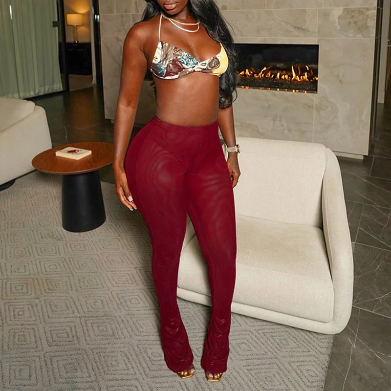 

BKLD Sexy Vintage Red Hipster Womens Mesh Sheer Leggings 2025 High Waist Slim Elastic Hip Package Flare Pants All-match Clubwear