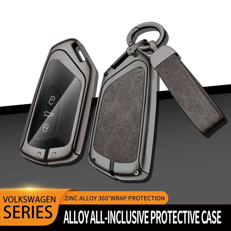 Angular Mecha Shape Zinc Alloy Case for Volkswagen Golf 8, Mk8, ID.4, ID.6, Taos, Atlas,Suede Leather Back with Key Lanyard