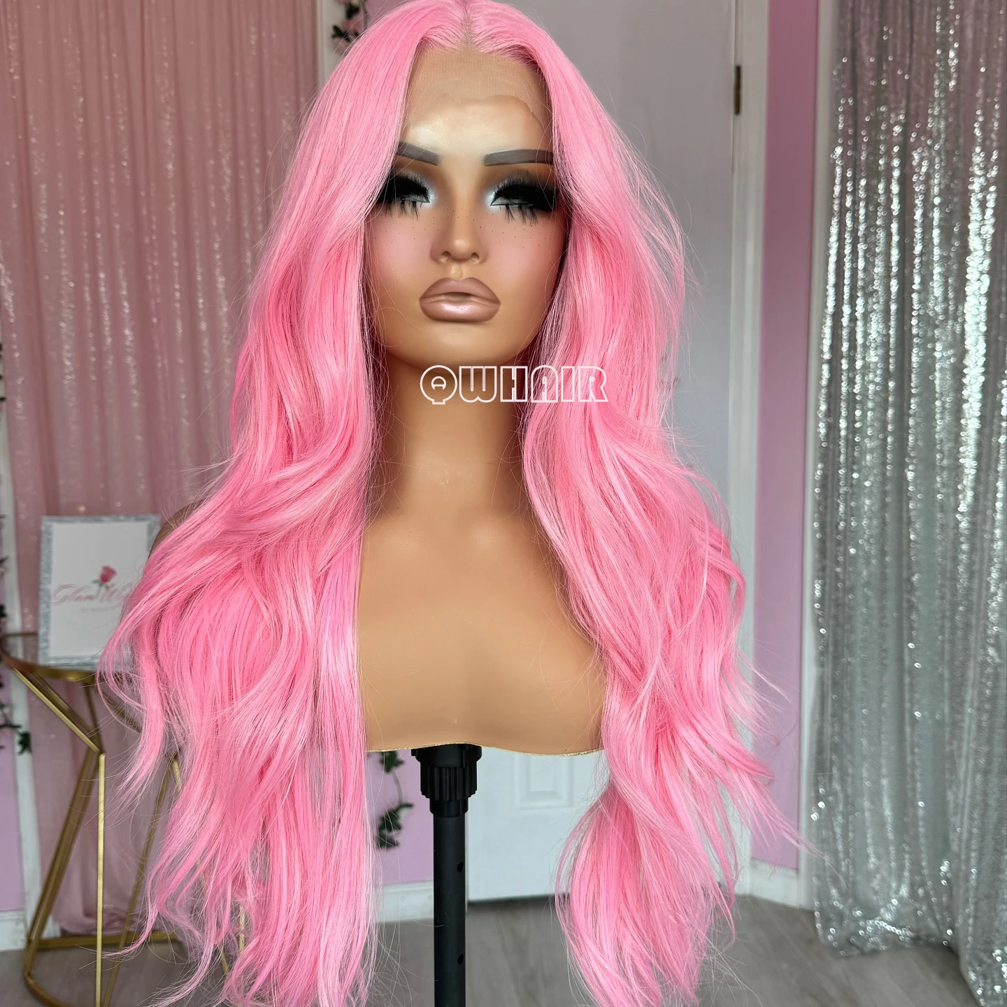 QW Synthetic Hair Pink Body Wave Soft  13X4 Lace Front Wig For Women Hair Heat Resistant Fiber Cosplay  Daily