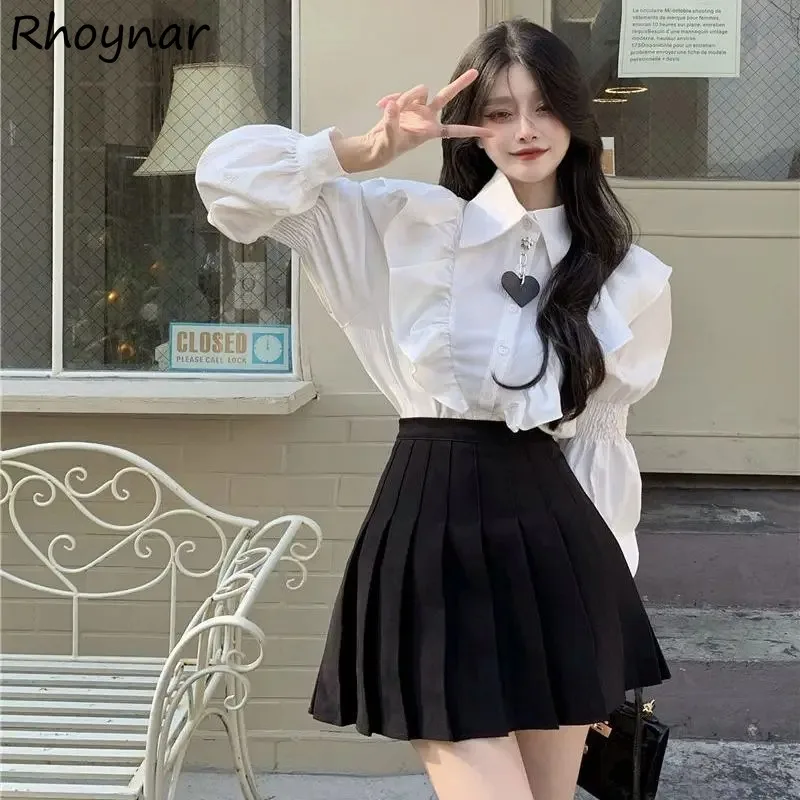 

Solid Shirts Women Spring Sweet Students Ruffles Designed Lantern Sleeve Turn-down Collar Korean Style All-match Temperament