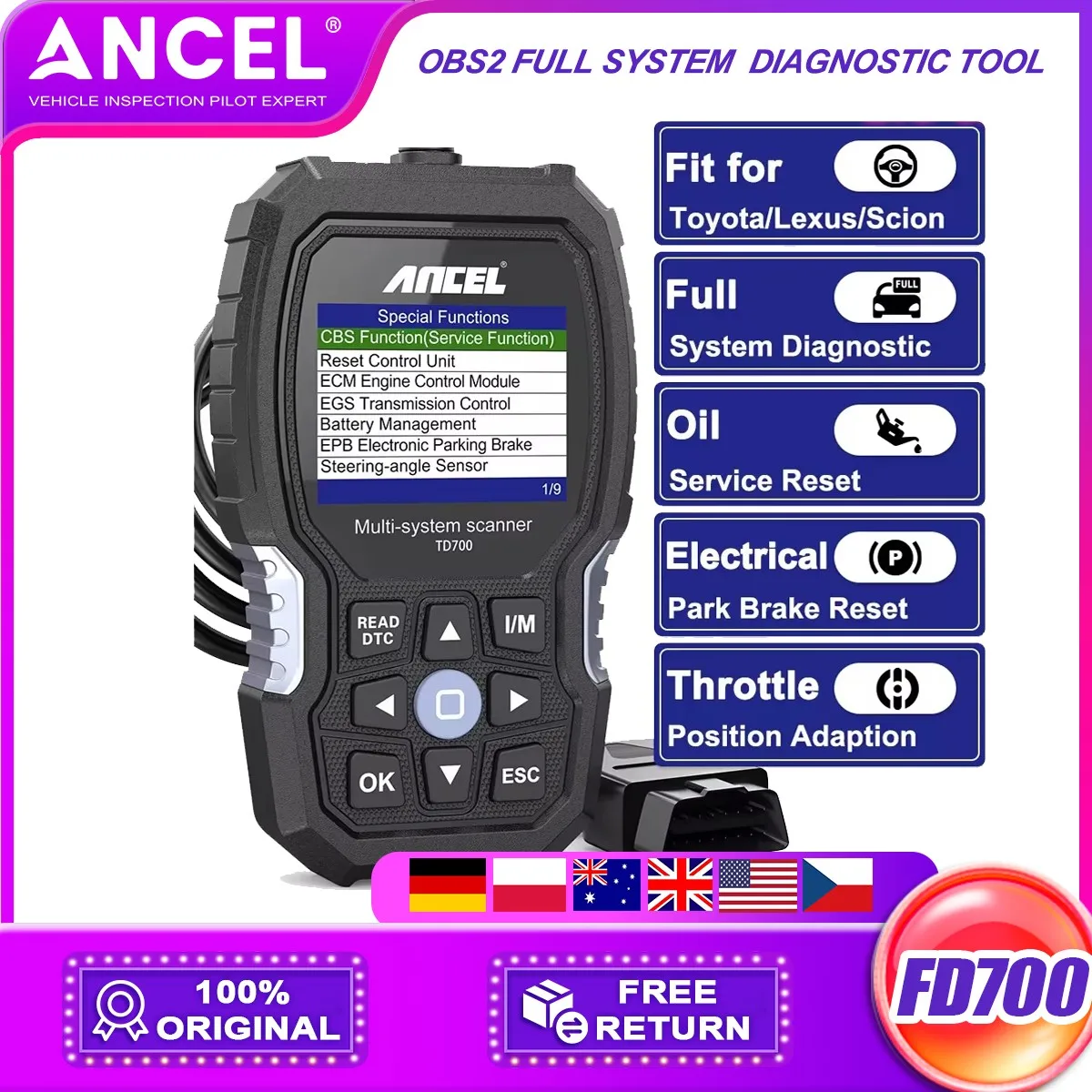 

OBD2 All System Scanner Ancel TD700 for Toyota/Lexus/Scion Transmission TPMS Relearn ABS Engine OBD 2 Car Diagnostic Scan Tool