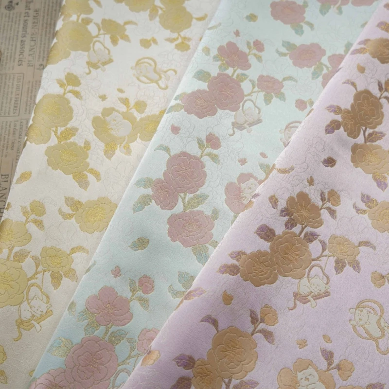 Camellia Cat Pattern Jacquard Brocade Fabric Qipao Vest Kids Clothing Gold Thread Fashion Home Decor Upholstery Fabric
