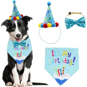 Birthday Party Bandana Scarf Dog Clothes With Hat Cute Bow Tie Small Pet Three-Piece Set Cute Pet Party Decorations Ropa Perro 2