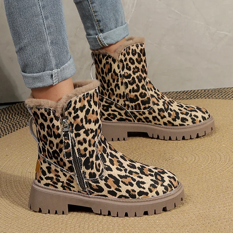 Thick Bottom Leopard Ankle Boots Women 2023 Winter Warm Thick Plush Snow Boots Woman Non Slip Platfrom Booties Mujer