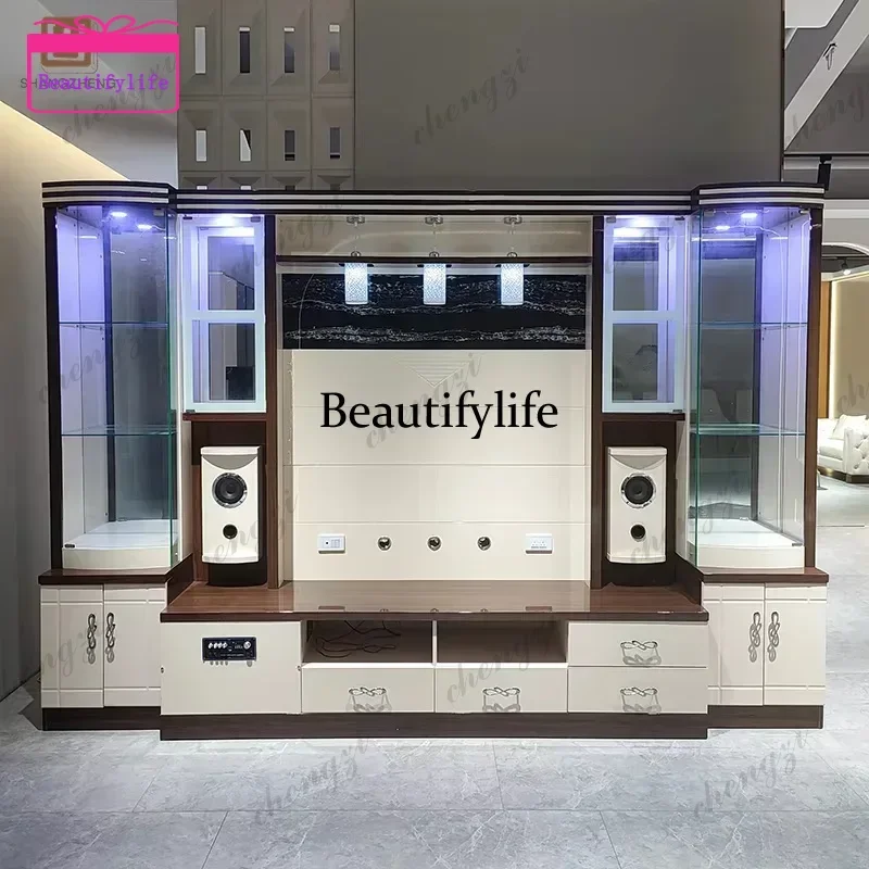 Modern Dark Wood TV Cabinet with Large Screen TV Area and Glass Door Display Case with Coordinating Speakers