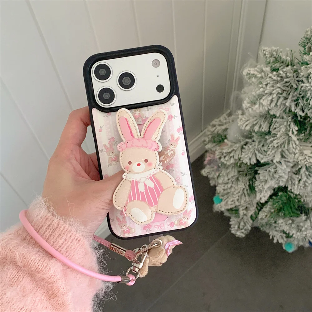 

Cute Flower 3D Rabbit Wristband Leather Phone Case for iPhone 17 Pro 13 14 15 Pro Max Cases Fashion Fundas with Hand Strap Cover