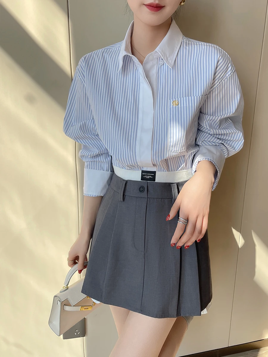 

Blue White Stripes Collar Long Sve Women's irt Casual Loose Fit Cotton Blend irt for Autumn 2025 New Lazy Sle