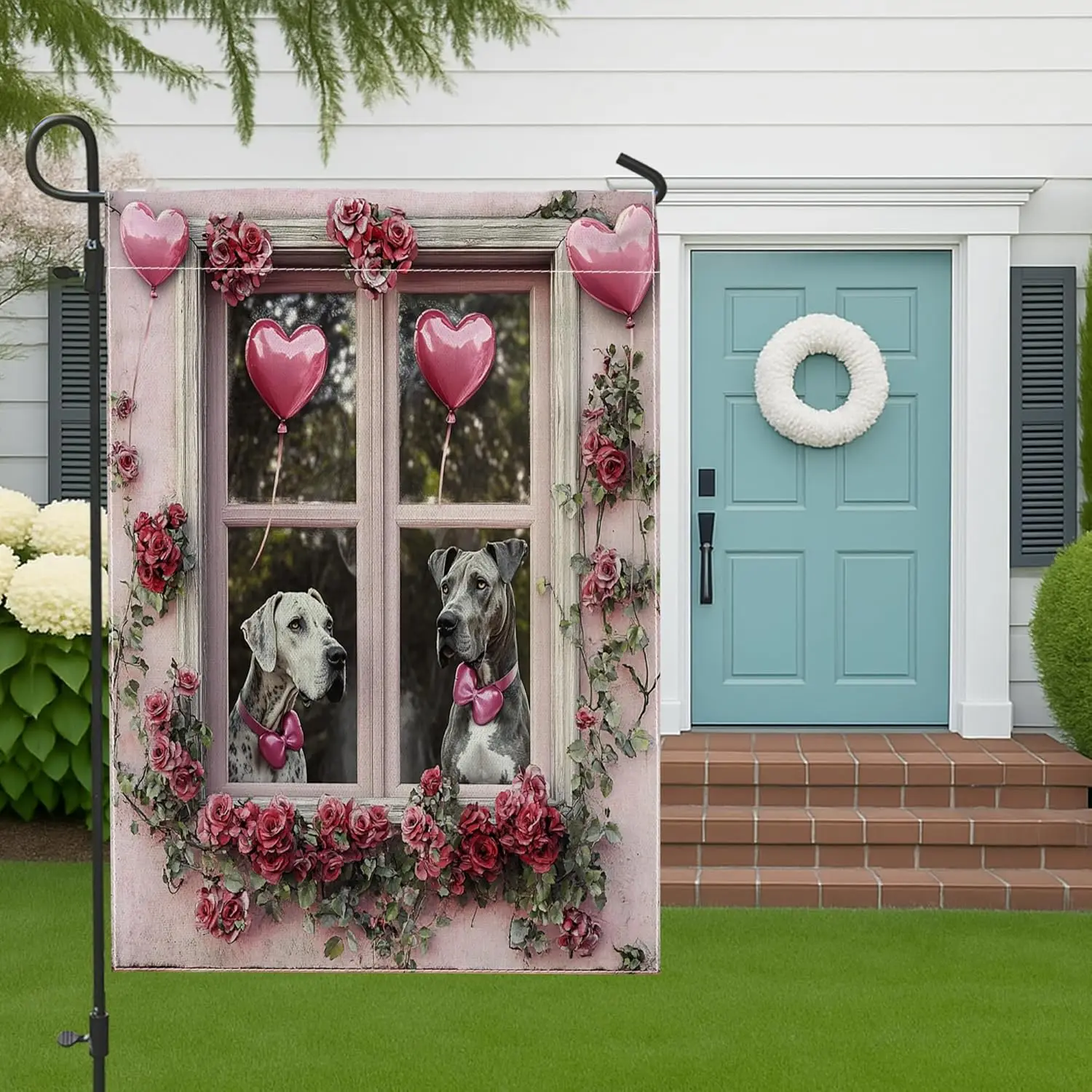 Valentine's Day Great Dane Dog Garden Flags 12x18 Inch Double Sided for Outside, Window Couple Puppy Pattern Standard Ca LLO uui