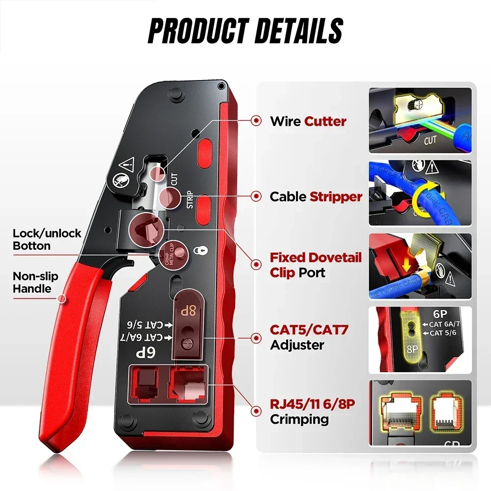 AMPCOM Cat 7 NETWORK CRIMPING Tool CRIMP/CUT/TRIM/STRIP 4 w 1 Współpracuje ze wszystkimi złączami RJ45/RJ11 Narzędzie do zaciskania z dwoma ostrzami