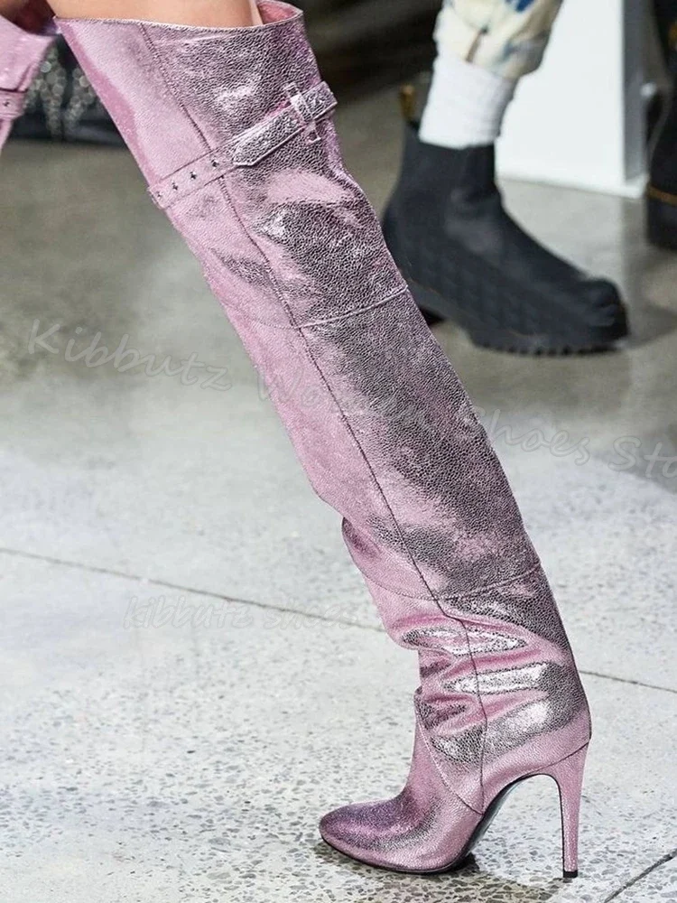 

Over The Knee Boots Belt Buckle Pointed Toe Thin Heels Elegant Fashion Sexy Concise Genuine Leather Solid Color Women Shoes New