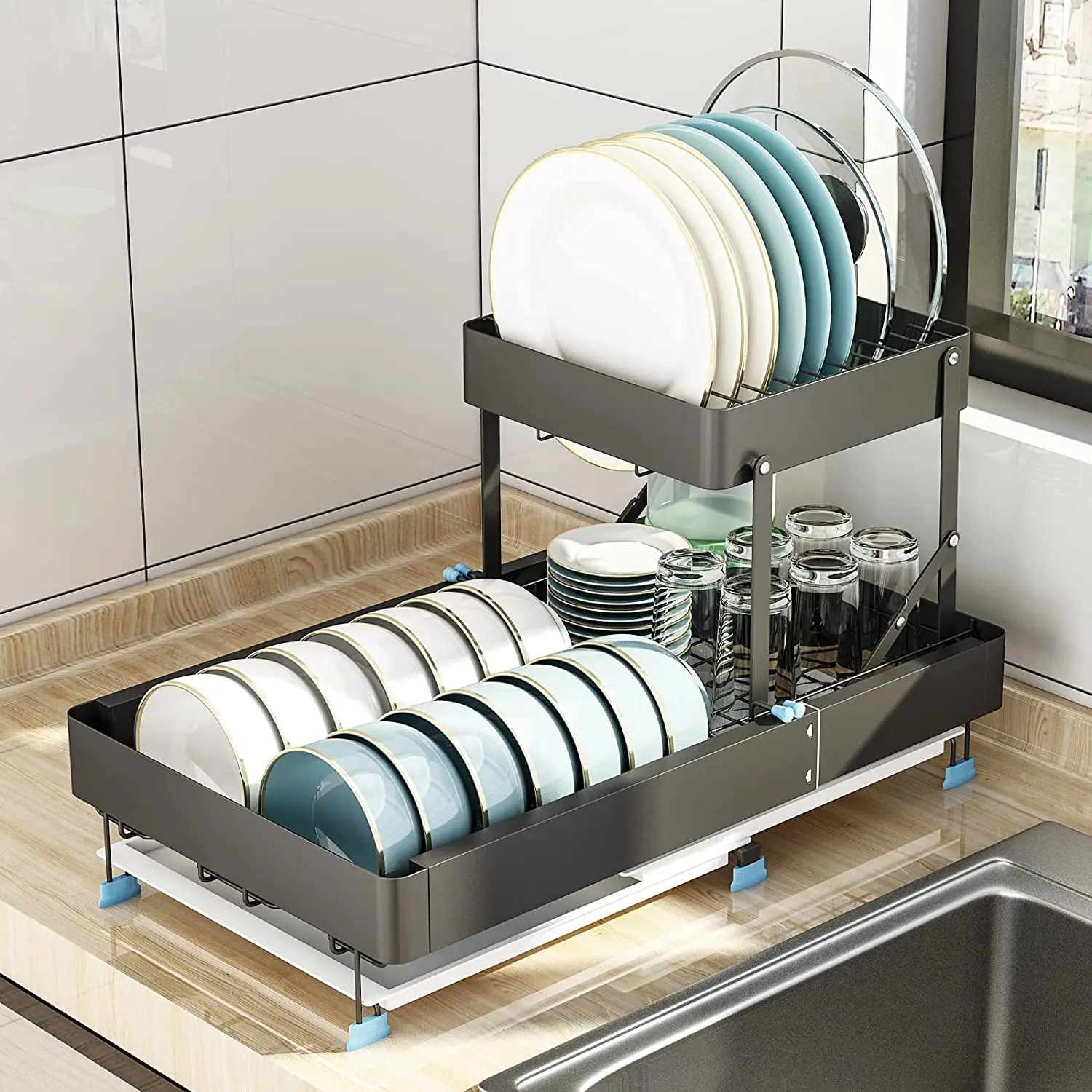 

2LayerDishDrainersforKitchenCounterExtendable(13.1” to 19.2”) withDryingBoard,SinkDryingRackforCups,Cutlery & Cutting Boar