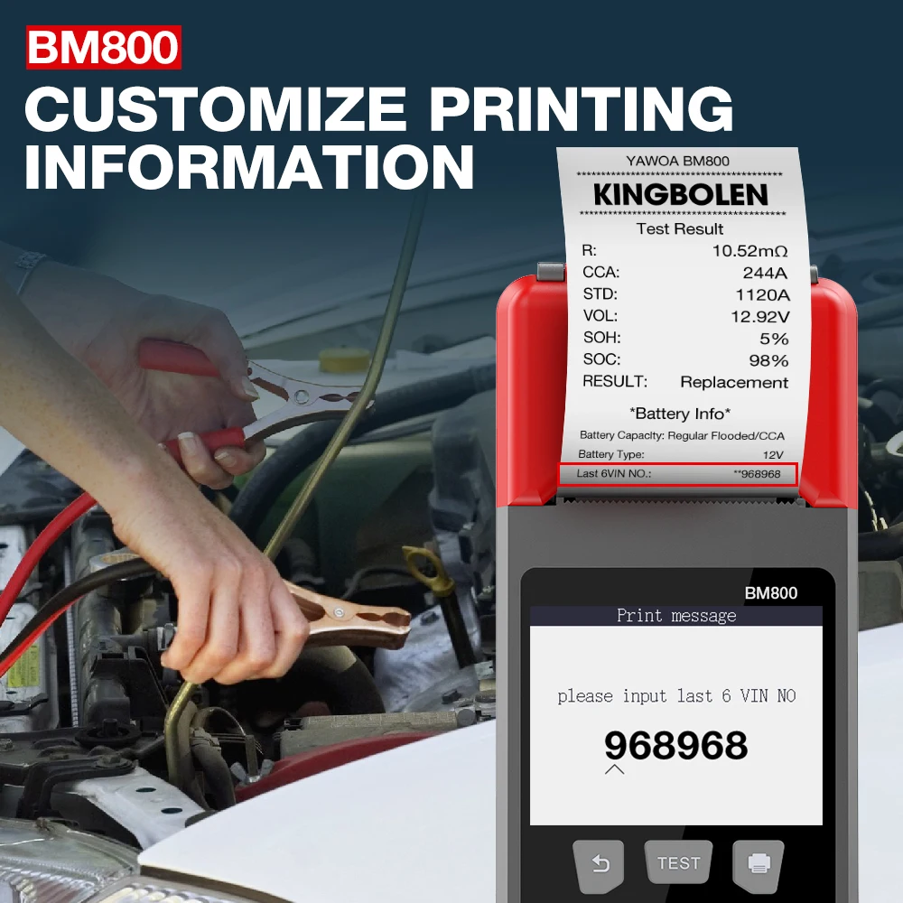 BM800 Tester akumulatorów samochodowych z drukarką 6V 12V 24V Analizator akumulatorów Test rozruchowy i test ładowania oraz maksymalny test