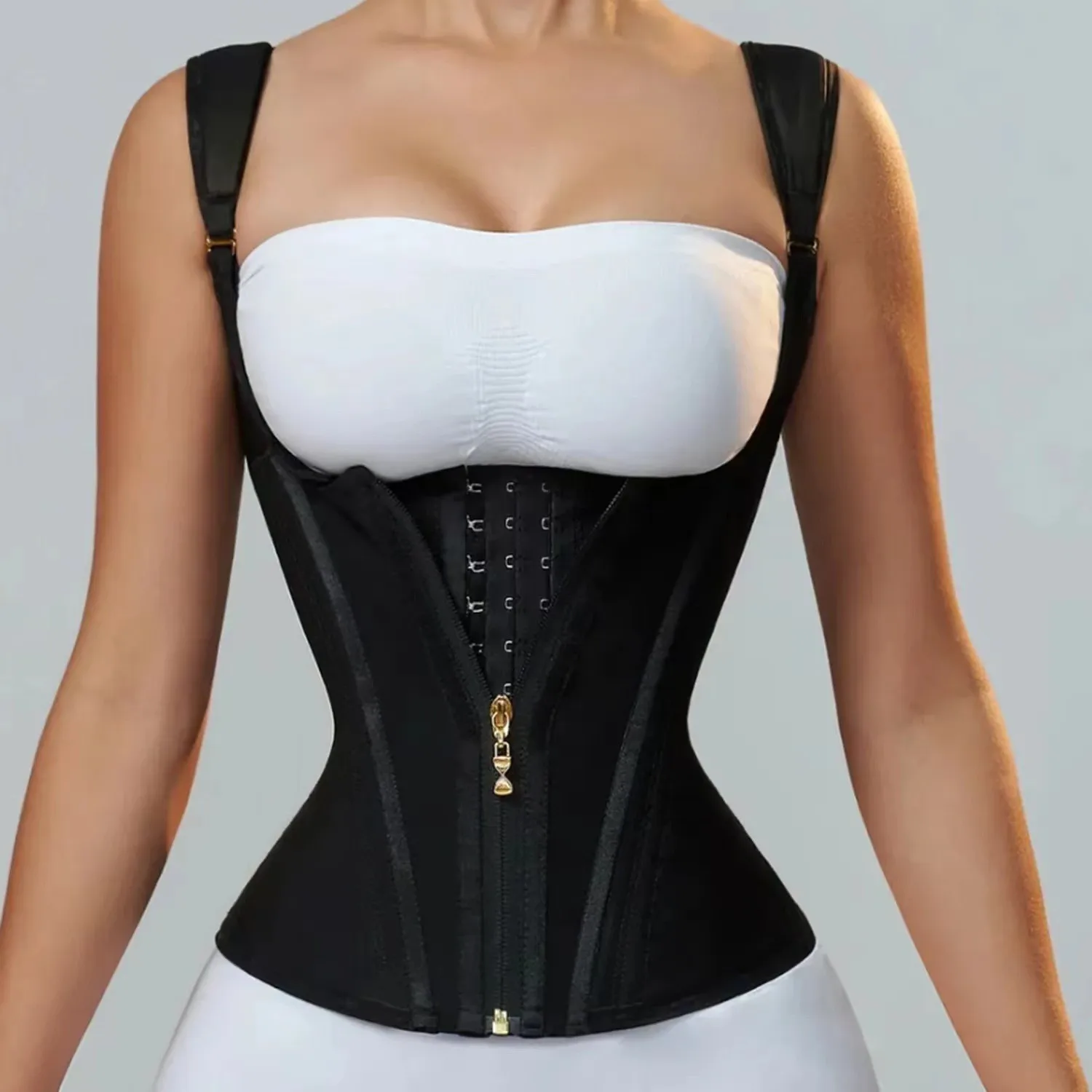 Latex Waist Cover 15 Bone Straightening Tank Top with Waist Bundle, Waist Belt, Zipper Buckle, Retro Shaper Top