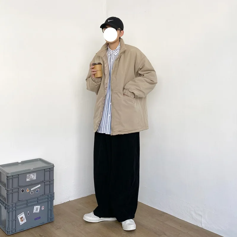 Men Parkas Winter Clothing Minimalist College Baggy Teens Stand Collar Retro Japanese Ulzzang Cargo Fashion Thick Casual Unisex