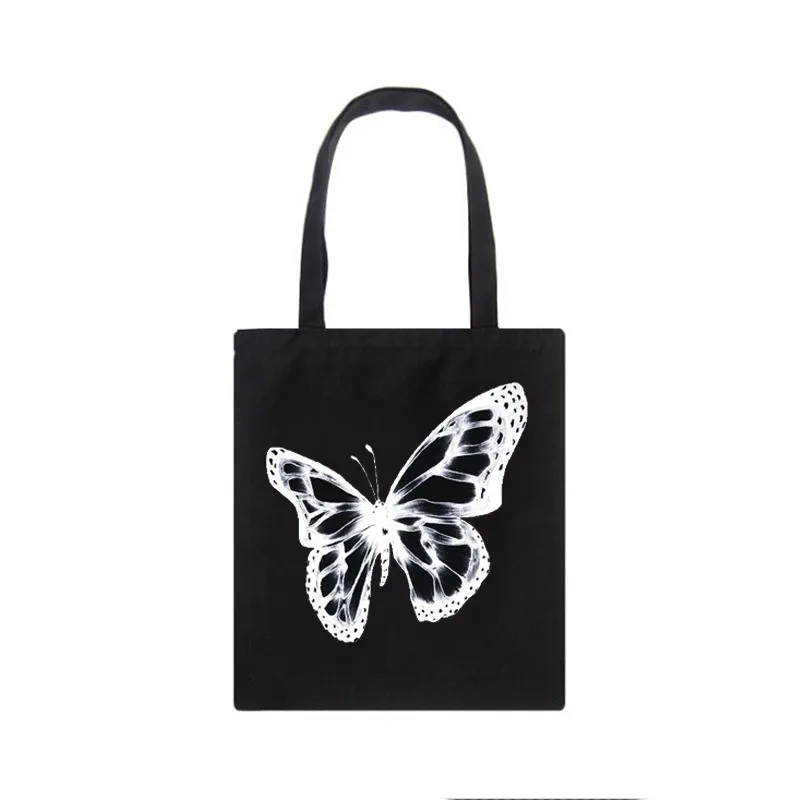 Gothic Insect Print Canvas Tote Bag Large Capacity Shoulder Bag with Butterfly Spider Web Patterns for Alternative Style Lovers