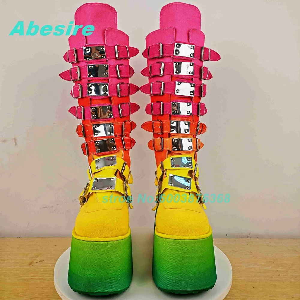 Mixed-Color Patchwork Multi-Buckles Knee High Boots Round Toe Wedges Back-Zipper Shoes for Women Lolita Sweet Cute Y2K Shoes