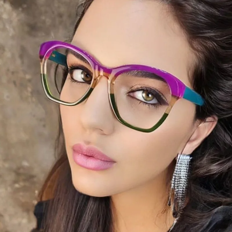 Luxury Brand Design Anti Blue Light Large Women TR90 Patchwork Color Frame Photochromic Hyperopia Glasses Personalized +100~+600