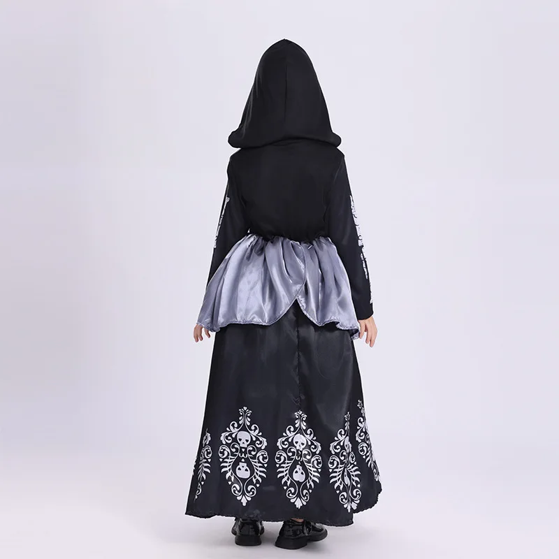Pakaian Cosplay Vampir Gotik Kostum Halloween Hitam untuk Anak Perempuan Gaun Penyihir Antik Gaun Bertudung Anak-anak Tema Horor Pesta Karnaval