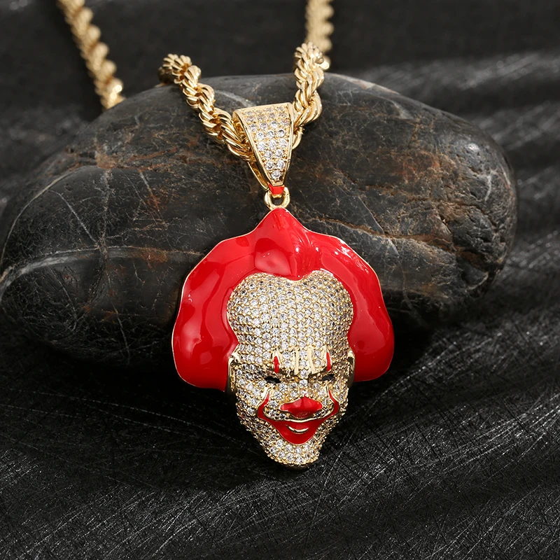 Wholesale Hip Hop 14k Gold Plated clown Zircon Copper Pendants and Necklaces