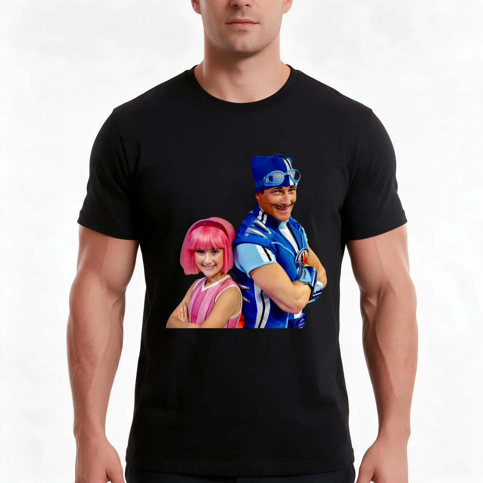 LazyTown Stephanie _amp_ Sportacus Duo Design T-Shirt, Summer Casual Cotton Tee, Oversized Streetwear Tops, Unisex Men Women