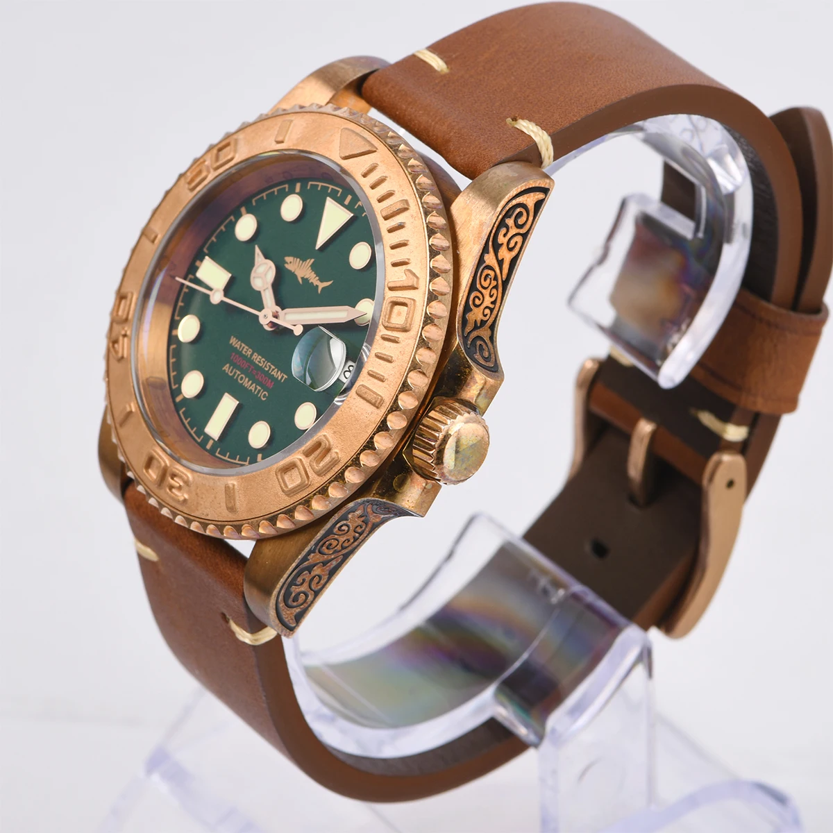 HEIMDALLR 40mm Bronze Automatic Dive Watch Men NH35 Movement Sapphire Crystal 300M Waterproof C3 Lume Leather Strap