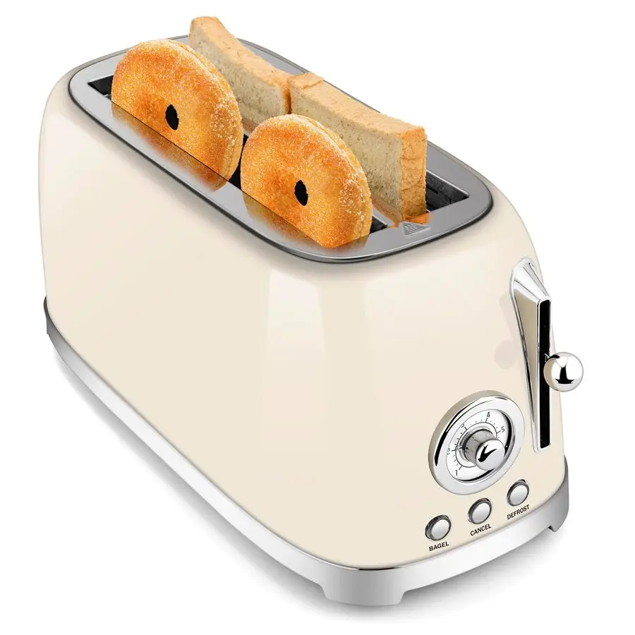 Toaster 4 Slice Wide Slot, Stainless Steel Bread Bagel Toasters, Retro Long Slot Tostadora for Defrost, Reheat, Removable Crumb