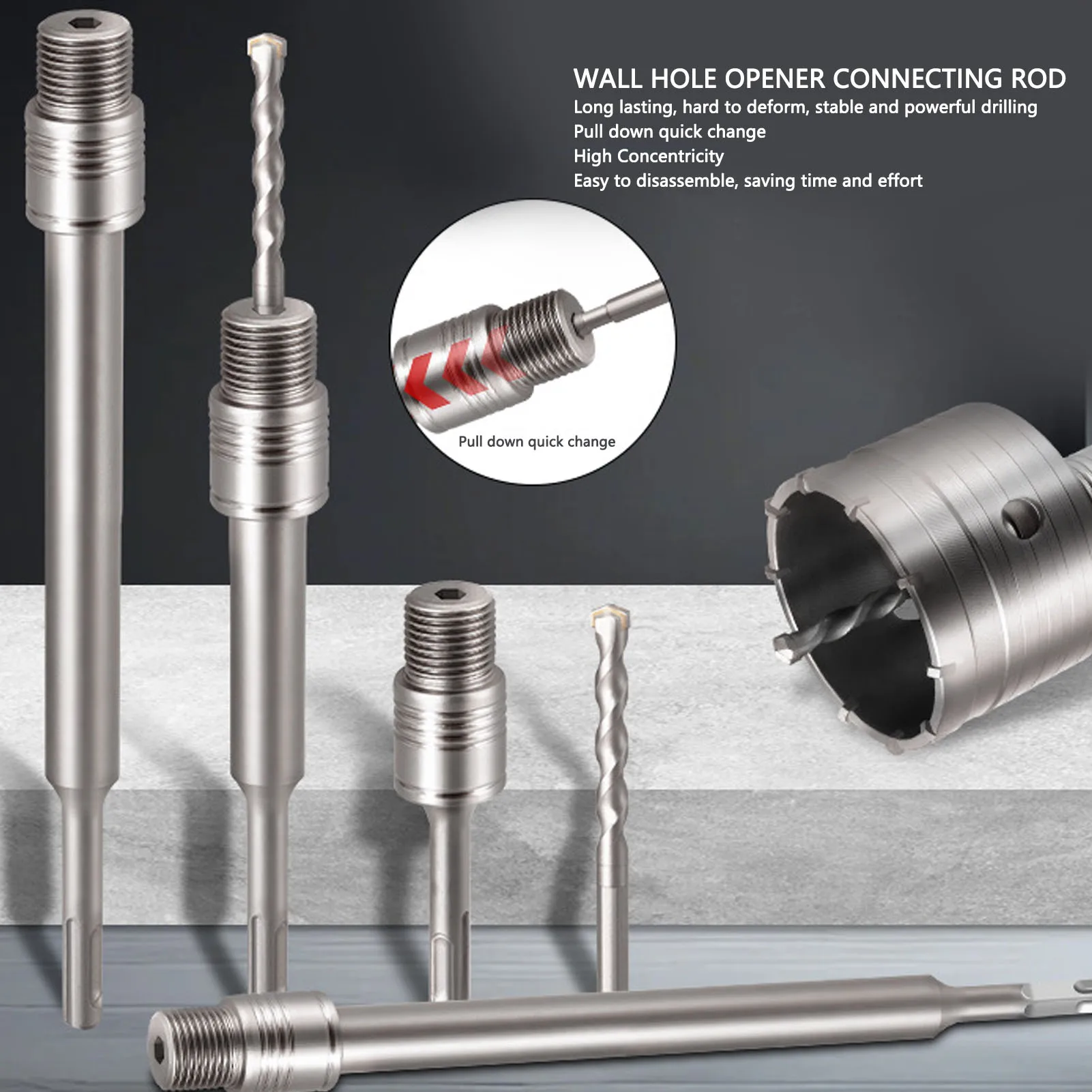 

Wall Hole Saw Connecting Rod 300mm Round Shank Concrete Hole Cutter Connection Rod with Center Drill Bit for Electric Hammer