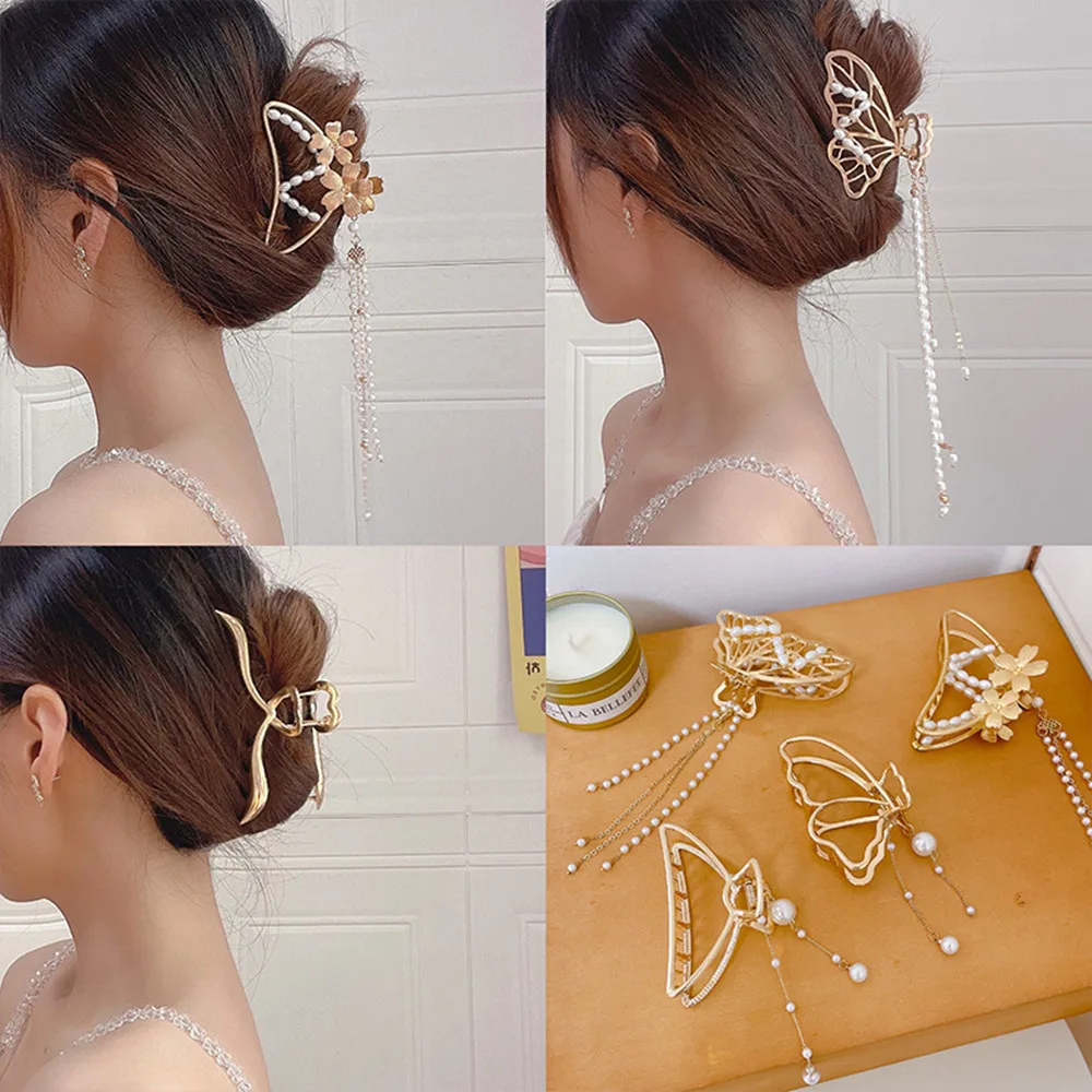 Fashion Butterfly Hairpin Women Vintage Pearl Tassel Metal Hair Claw Girls Back Head Grab Clip Ladies Popular Hair Accessories