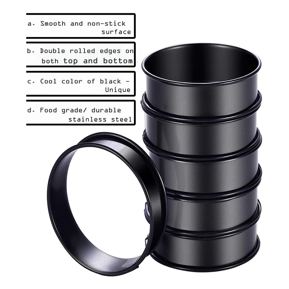 16 عبوة من حلقات المافن الإنجليزية، حلقات كرمبيت غير لاصقة - حلقات تورتة مزدوجة ملفوفة من الفولاذ المقاوم للصدأ، مستديرة سوداء 3.15 بوصة