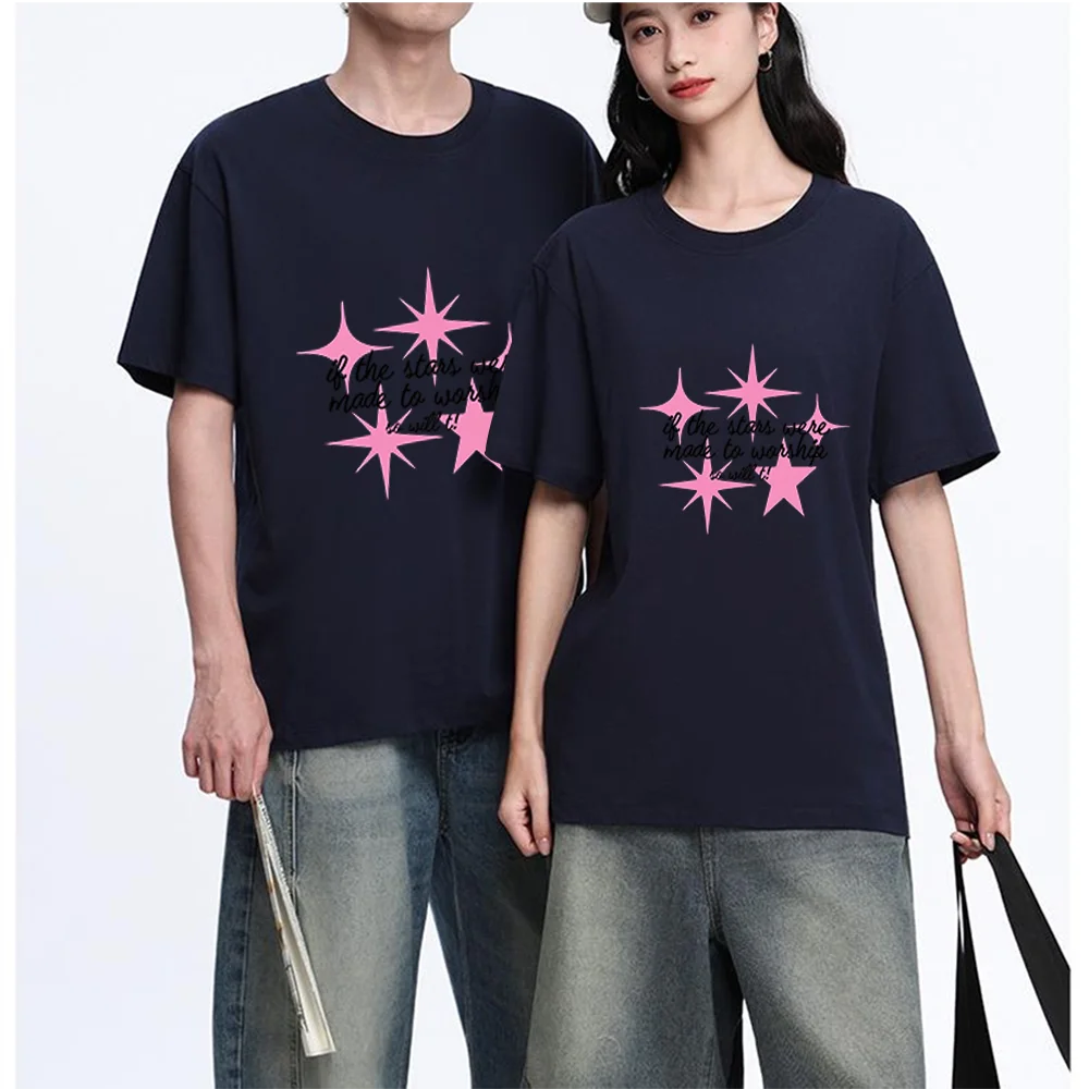 Pink Star Pattern Printed T Shirt Breathable Fabric S-XXL Personalized Custom T Shirt Casual Short Sleeve Tee Aesthetic Graphic
