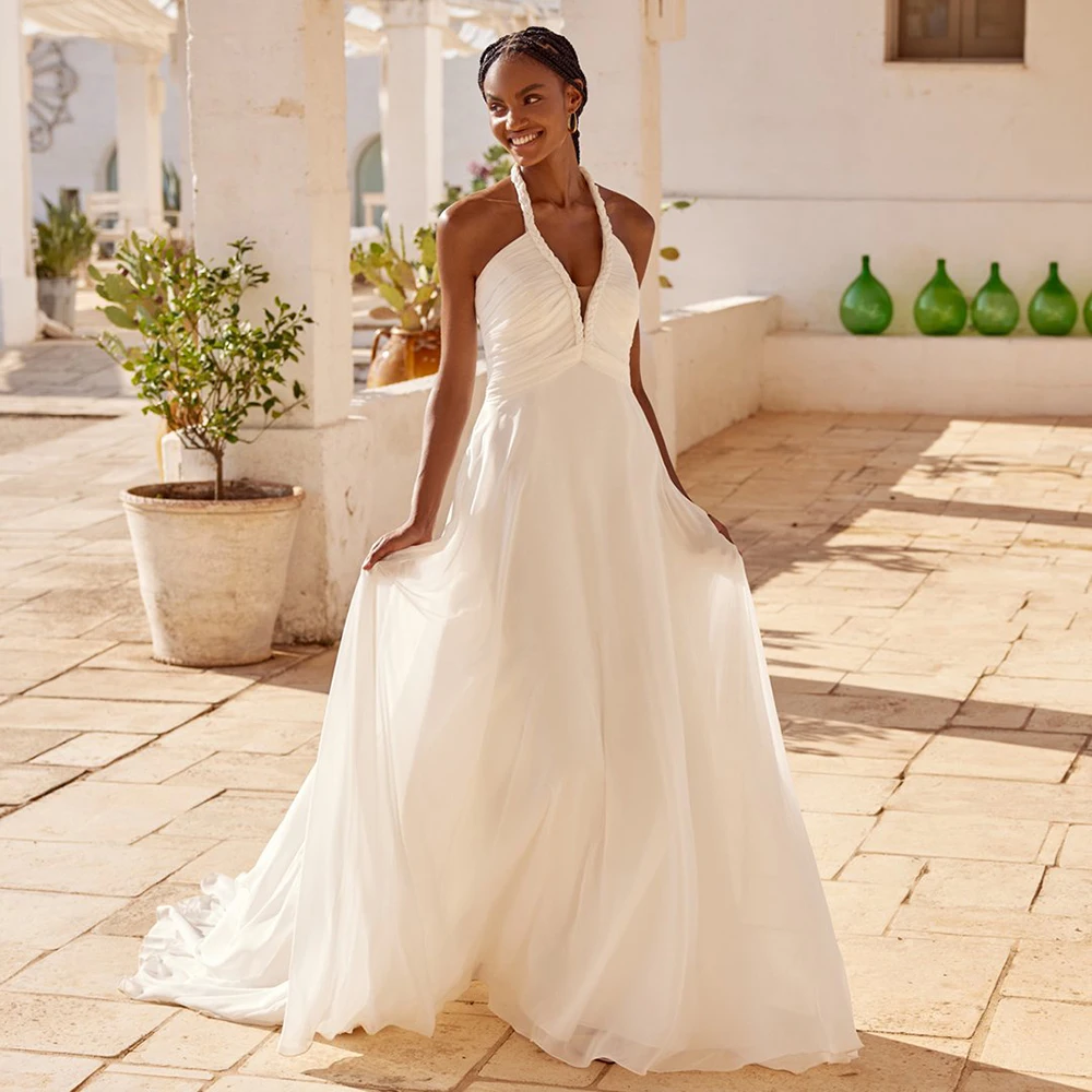 ชุดแต่งงาน ZIBUYU แบบสั่งตัด ดีไซน์หรูหรา โรแมนติก คอ halter คอลึกแบบวี แขนกุด ดีไซน์จับจีบ ช่วงหลังเปลือย ทรงเอไลน์