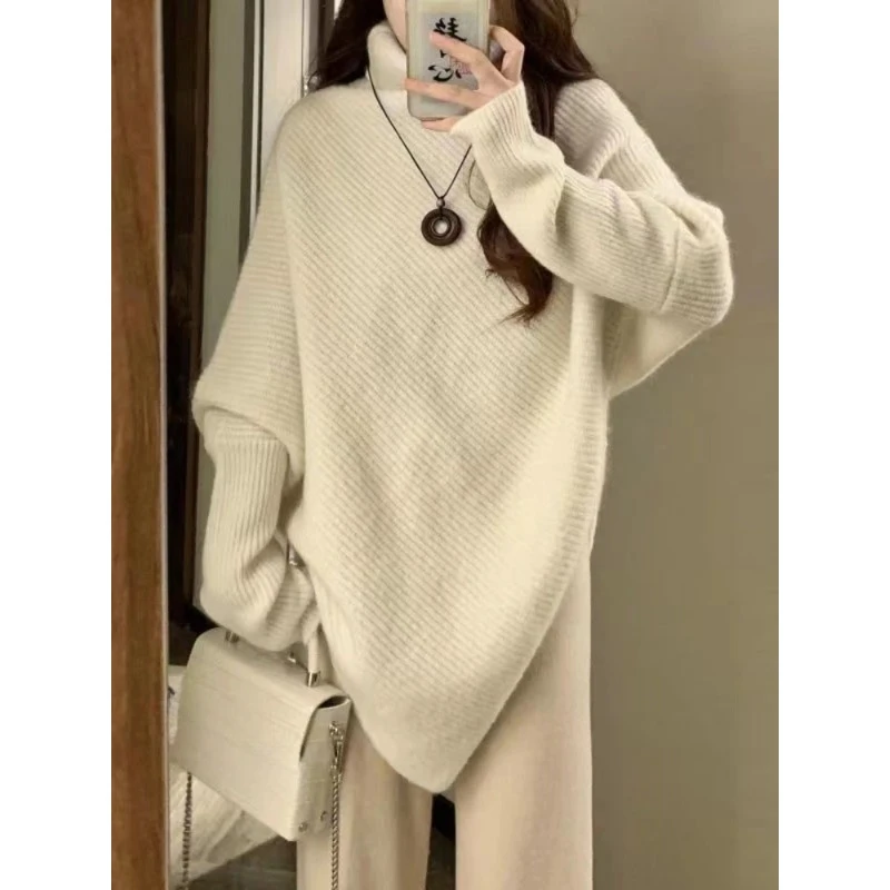 Irregular Turtleneck Sweaters Women Loose Chic Vintage Simple Pullovers Knitwear Temperament Trendy Tender Autumn Warm Sweater