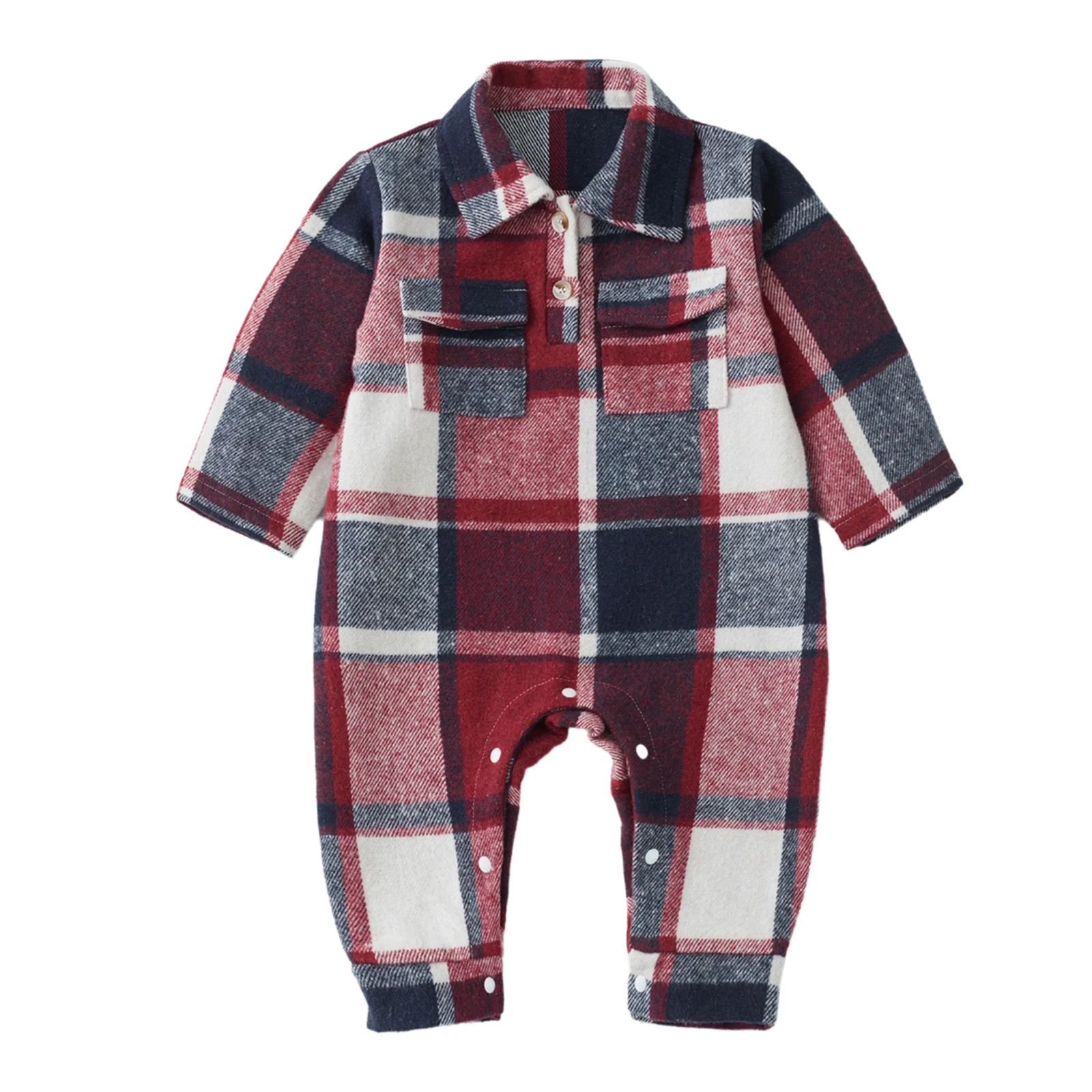 Baby Boys Girls Fashion Plaid Romper Long Sleeve Lapel Color Block Button Jumpsuits Infant Children Casual Spring Fall Clothes