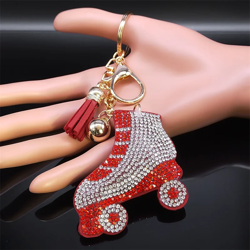 Roller Skates Shoes Crystal Key Chain for Women Men Gold Color Tassel Skating Keyring Bag Car Accessories Jewelry porte clef