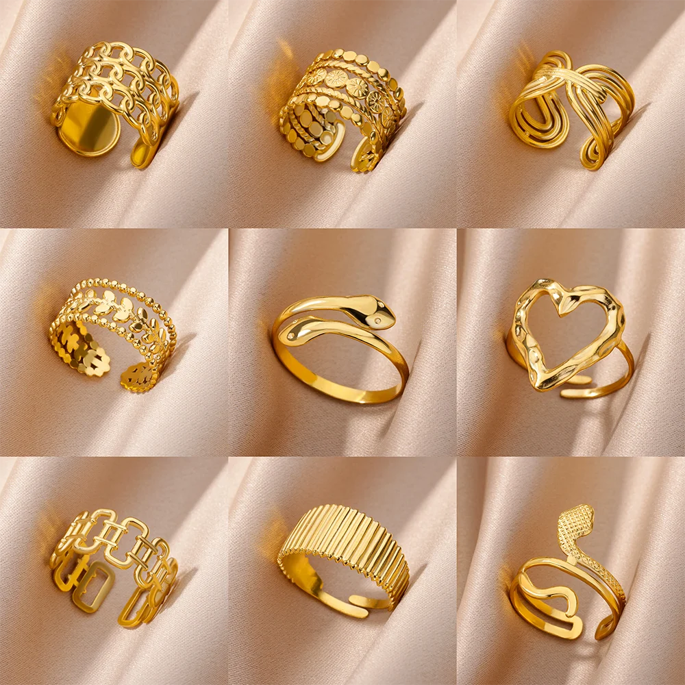 Stainless Steel Rings for Women Jewelry Accessories Simple Vintage Gold Color Electroplated Adjustable Double Layer Wide Ring