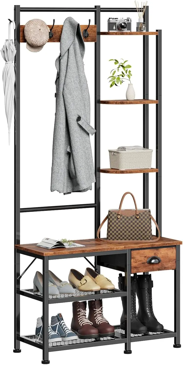 

4-in-1 Entryway Bench with Coat Rack, Shoe Storage, 3 Shelves & Drawer, Rustic Brown Hall Tree Organizer