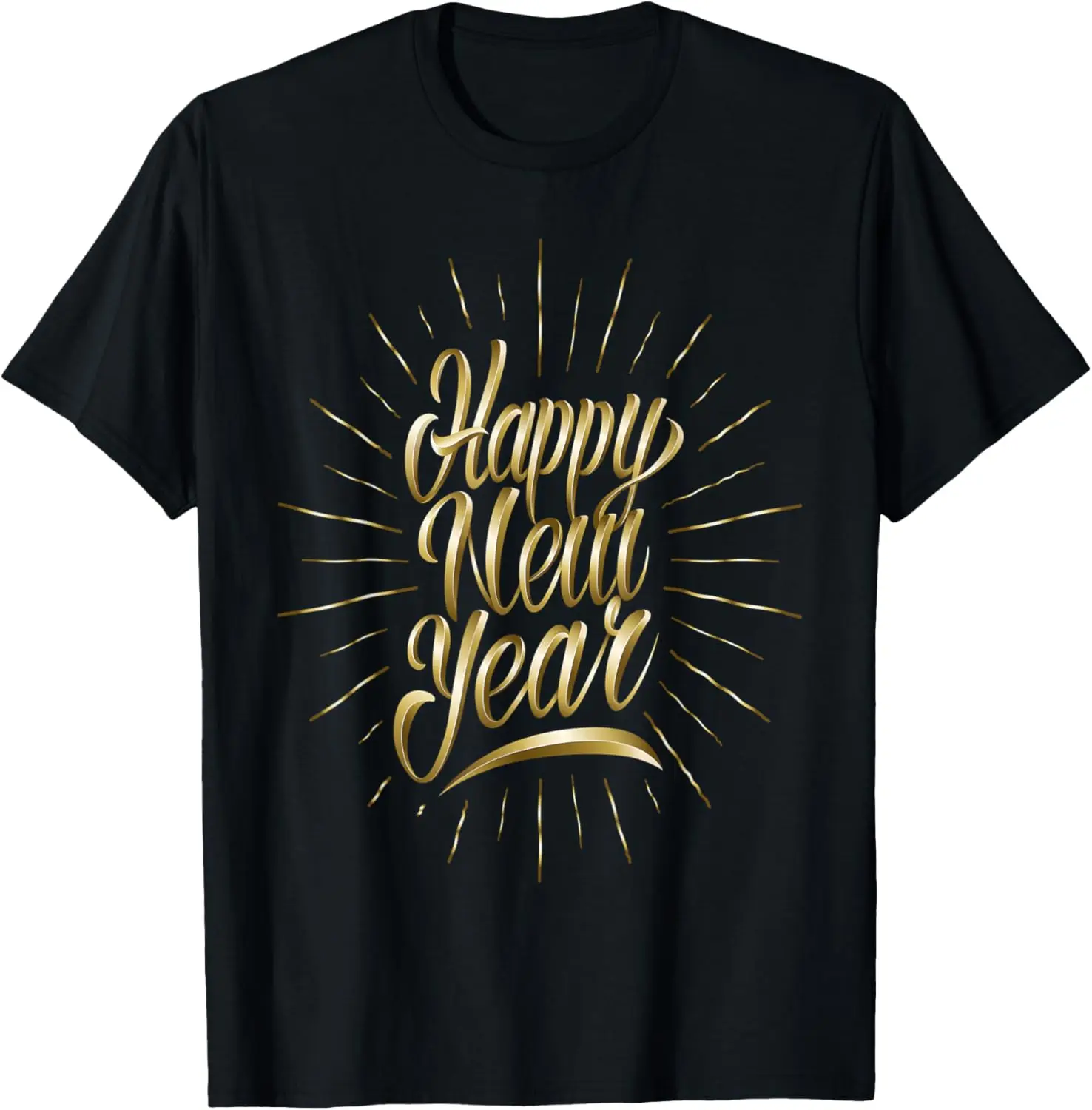 

Happy New Year Gold Script Graphic Tee Breathable Cotton Short Sleeve T-Shirt for New Year's Eve Celebrations