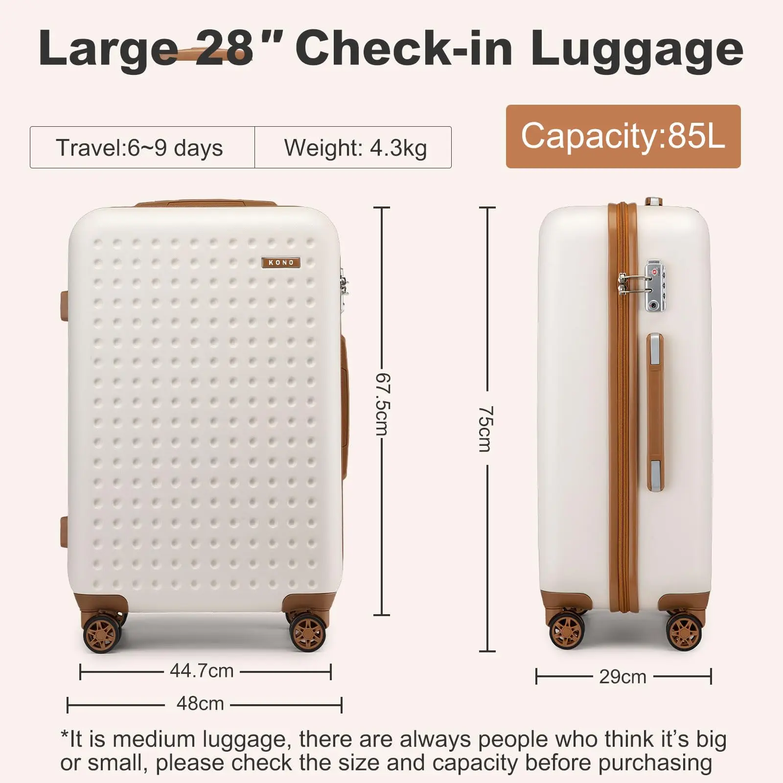 Kono 28" Large Check-In Suitcase - Durable ABS Hardshell Luggage with TSA Lock & 4 Spinner Wheels