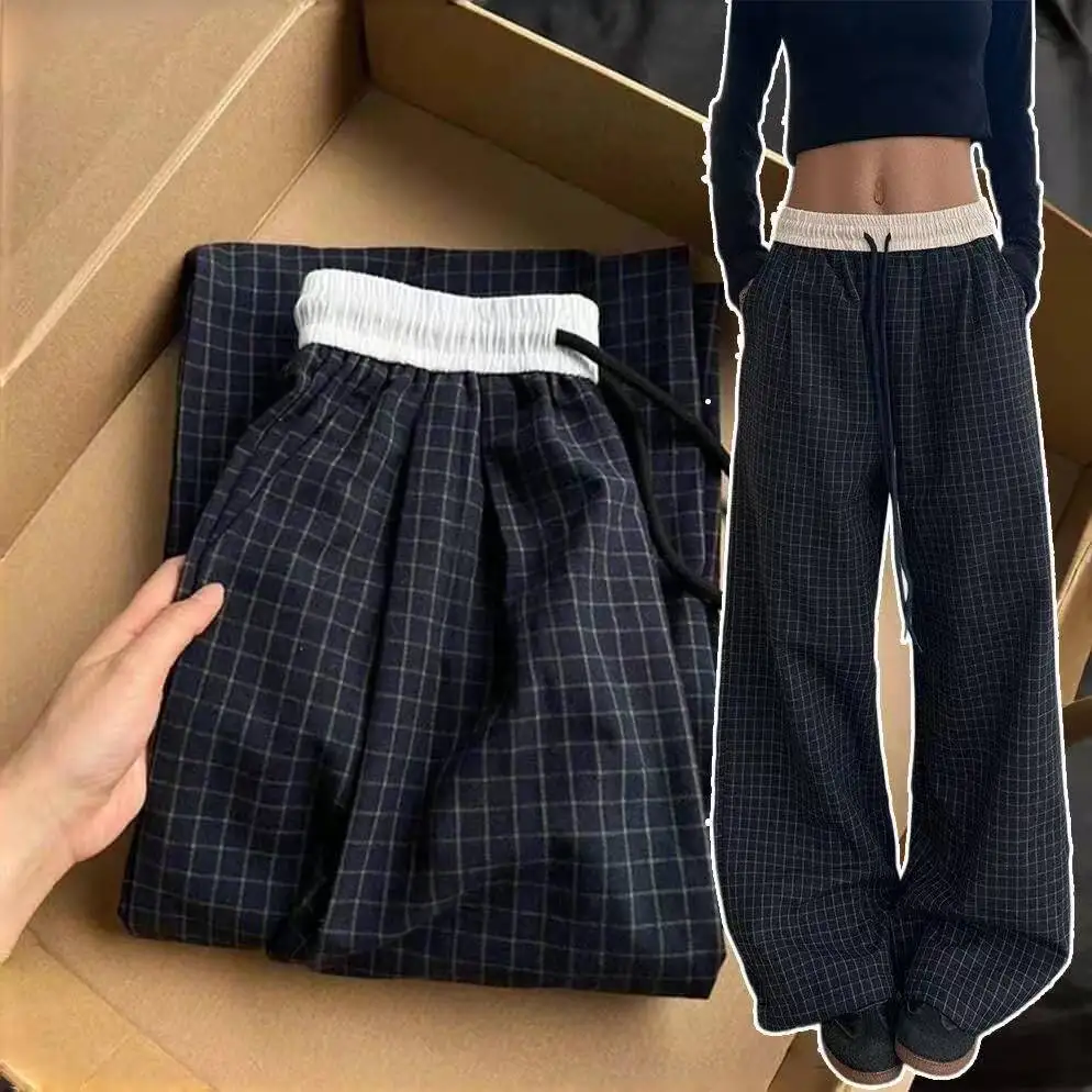 Black Checkered Wide Leg Pants Elastic Drawstring Waist Casual Vintage Y2k Straight Loose Daily Streetwear Summer Trousers