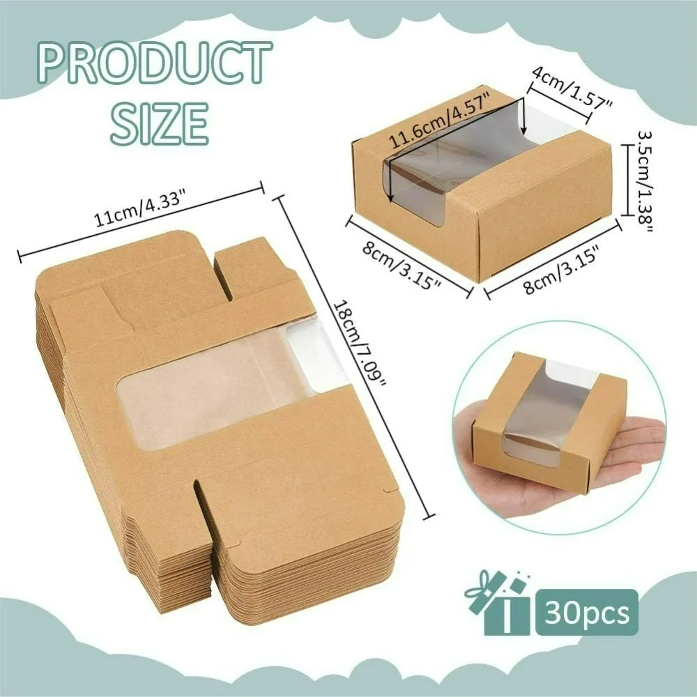 30 Pcs Gift Boxes with PVC Window, 3.15x3.15x1.38 Kraft Paper Cardboard Box Foldable Storage Gift Boxes for Party Favor Treats